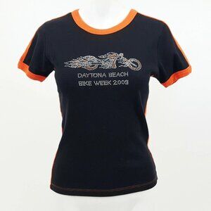 Biker Design Shirt Womens Medium Blingy Gem Daytona Beach Bike Week 2009 Tee